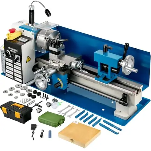550W Mini Torno Paralelo de Metal 180x350mm de Alta Precisión con Portabrocas de 3 Mordazas y Velocidad de Husillo 50-2500 rpm para Roscado, Torneado y Taladrado (Engrane Metálico)