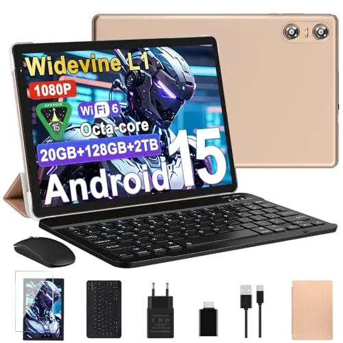 Tablet Android 15 Tablet 10 Pulgadas, 20GB RAM + 128GB ROM (TF 2TB), Octa-Core, Widevine L1, GMS, 5G+2.4G WiFi 6, 5 + 8 MP, 1280 * 800 Pixels, 6000mAh, Bluetooth 5.0, Tableta con Teclado y Raton Oro