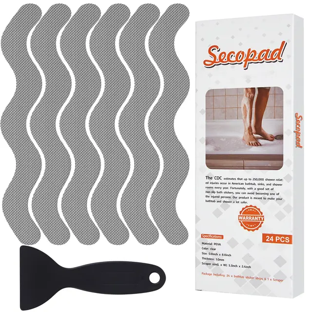 Secopad - Pegatinas antideslizantes para ducha, 24 unidades, tiras adhesivas de seguridad para bañera, ducha, escaleras - rasqueta prémium incluida (Gris)