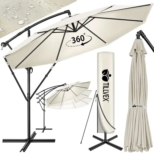 tillvex Sombrilla de 300/350 cm de diámetro con manivela, sombrilla con soporte, sombrilla de jardín, protección UV, aluminio, paraguas de mercado impermeable