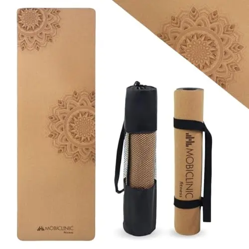 Mobiclinic®, Esterilla yoga corcho natural, Antideslizante, Bolsa de transporte, Antimicrobiana, 4mm grosor, Tpe 100% reciclable, Ecológica, 183x61cm, Diseño mandala, Ey-02, Pilates, Fitness