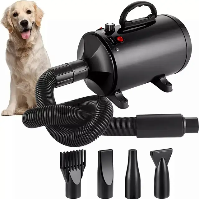 Secador de Pelo para Perros, secador Pelo Profesional para Perros de 2800 W, Velocidad y Calor Ajustables, secador de Pelo para Mascotas, secadores para Perros con 4 boquillas (Negro)