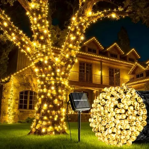iBaycon Guirlanda Solar para Exteriores,12 m 100 Led Resistente a La Intemperie, 8 Modos Impermeable Ideal para Jardín Terraza Árboles Patio, Fiestas y Decoración Exterior (Blanco Cálido)