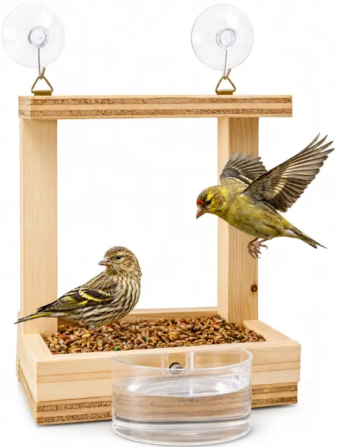 Comedero Pajaros Exterior Ventana Madera Casita con Soporte de Ventosas para Ventana Incluye Bebedero y Bolsa de 70g Alpiste para Aves Silvestres Jardín Balcón Terraza Hecho a Mano Natural Bird