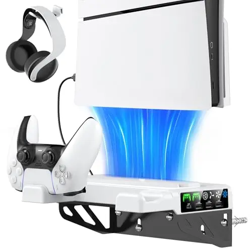 Tokluck Soporte Pared para PS5/ Slim/ Pro, Soporte PS5 con Ventilador de Refrigeración y Cargador de Mando para PlayStation 5, Base de Carga PS 5 con Soporte para Auriculares