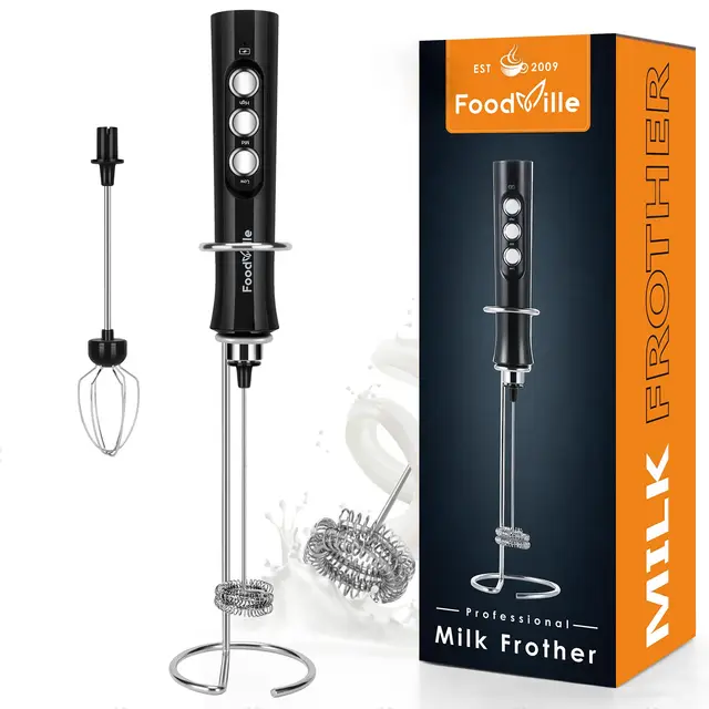FoodVille MF02 Espumador de Leche Eléctrico - Milk Frother Recargable con Varillas de Acero Inoxidable - Espumador de Leche USB para Cappuccino, Café Bulletproof, Batidos de Proteína en Polvo, Matcha