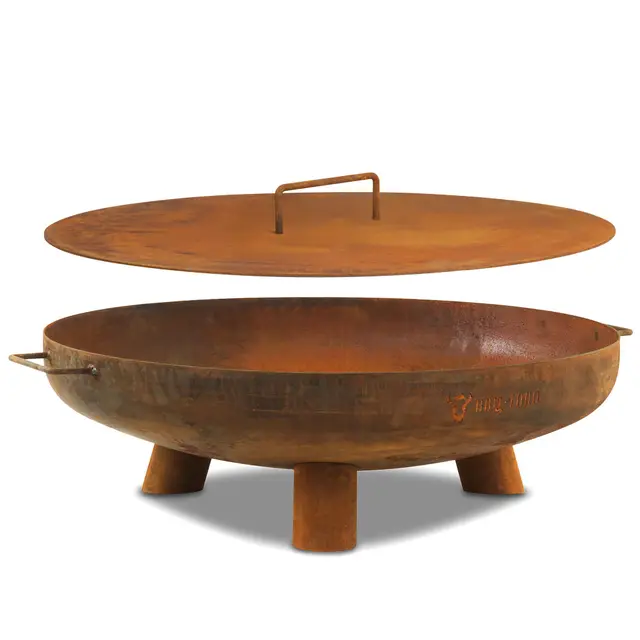 BBQ-Toro Brasero de acero inoxidable de 70 cm de diámetro con tapa, aspecto oxidado, para exteriores con tres patas y dos asas, brasero para el jardín, cuenco de fuego, cuenco de fuego para jardín