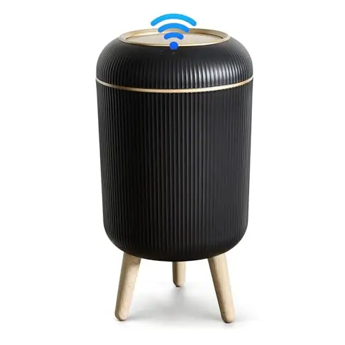 Papelera Automática 10L con Sensor para Baño, Blanca - Cubo Basura Inteligente con Diseño Redondo Elegante, Patas de Madera y Apertura Sin Contacto para Salón (10L Schwarz)