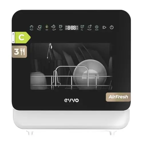 Lavavajillas EVVO Mini D Trip 3 – Lavavajillas Compacto Sobremesa, 3 Servicios, Clase Energética C, 6 Programas, Secado Extra Air Fresh, Panel LED Táctil, Inicio Diferido, Sin Instalación