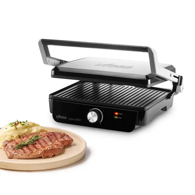 Ufesa Grill Eléctrico Jaya 2000W – Sandwichera, Plancha Cocina Eléctrica y Parrilla, Apertura 180º, Temperatura Regulable, Placa Superior Adaptable en Altura, Placas Antiadherentes, Fácil Limpieza