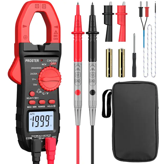 Proster Pinza Amperimétrica 2000 Cuentas 600A TRMS NCV Multímetro Digital Rango Automático con Pantalla Retroiluminada para Voltaje AC DC Corriente AC Diodo Resistencia Continuidad Temperatura