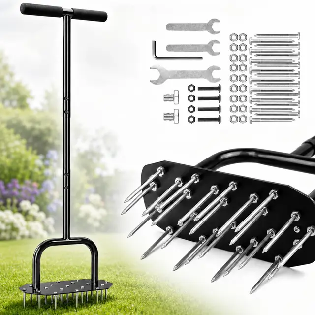 Aireador manual de césped con punta – Aireador de césped de alto rendimiento con 18 puntas duraderas, aireador de césped extraíble con mango en T y placa de pie ancha, escarificador manual para césped