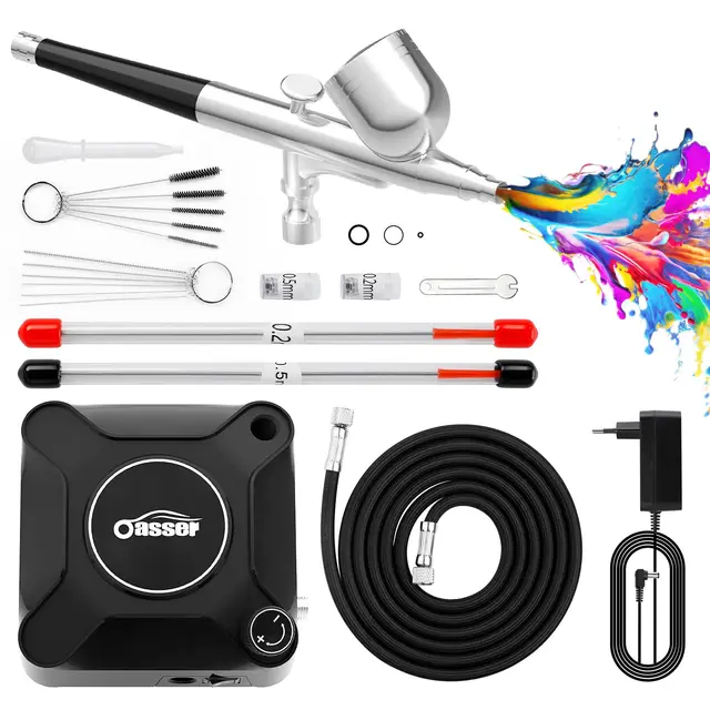 Oasser Kit Aerógrafo con Compresor Profesional Airbrush 36PSI Doble Acción Juego Pistola Regulación Voltaje Continua Modelos Decoración Tartas Uñas