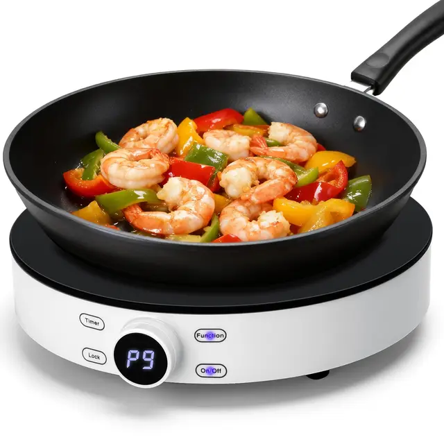 Aigostar Cookmate - Placa de inducción portátil, 2000W, diseño redondo, 9 niveles de potencia, temporizador de apagado, apto para recipientes compatibles con inducción de 12-26 cm. Diseño exclusivo.