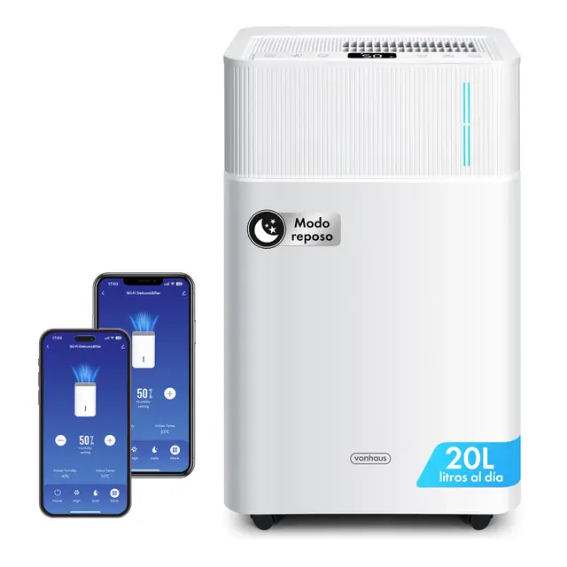 VonHaus Deshumidificador 20L Bajo Consumo para Casa Depósito de Agua de 4,5 L – Deshumidificador WiFi para Secar Ropa Previene el Moho y los Malos Olores – Ideal para Casa