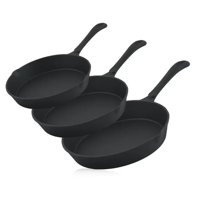 BBQ-Toro Juego de Sartén Redonda de Hierro Fundido para Barbacoa | 3 Piezas | Ø 16 cm, Ø 20 cm, Ø 24 cm | Curada - Pre-seasoned | Con Boquillas Laterales | Termorresistentes