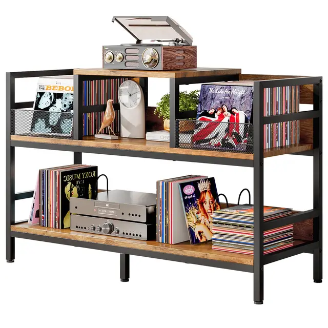 Mueble para Tocadiscos con Almacenamiento de Vinilos, Estantería Retro de 3 Niveles para CD y DVD, Soporte para Reproductor de Discos y Altavoces, Capacidad 350 LPs, 116.5×37×77.5cm