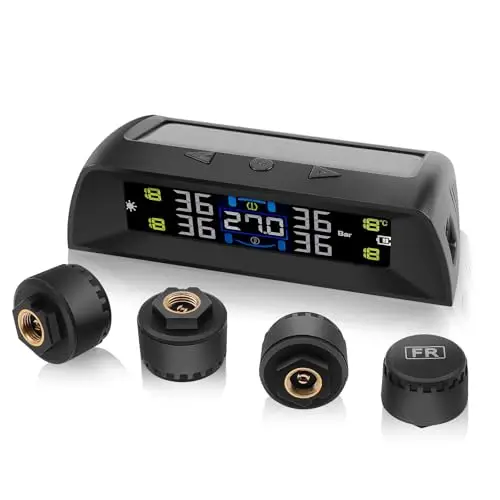 KAOLALI TPMS Sistema de Monitoreo de Presión de Neumáticos Solar, Visualización de la Temperatura Interior del Vehículo, 6 Funciones de Alarma, con Pantalla LCD en Color y 4 Sensores Externos 0-72Psi