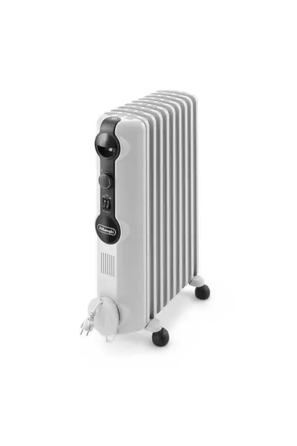 De'Longhi Radia S – Radiador de Aceite para Estancias de Hasta 60 m³, Calefactor Eléctrico con Termostato de Seguridad, 9 Aletas, Función Antiheladas, Portátil, 2000W, Blanco (TRRS0920)