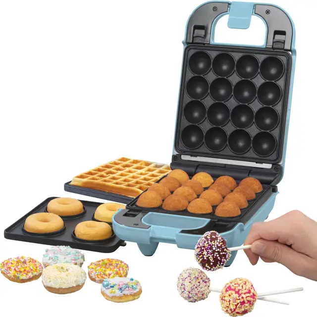 GILES & POSNER Máquina de Mini Delicias 3 en 1 – Donuts, Cake Pops, Máquina de Gofres, Placas de Cocción Desmontables Antiadherentes, Fácil Limpieza, Compacta, Repostería para Niños, 650 W