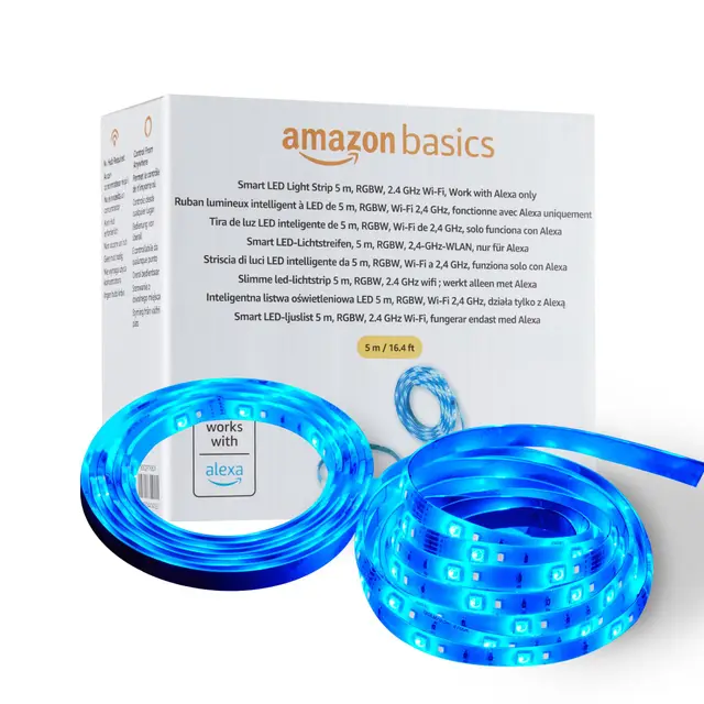 Amazon Basics Tira de luz LED inteligente de 5 m, RGBW, funciona solo con Alexa, Multicolor