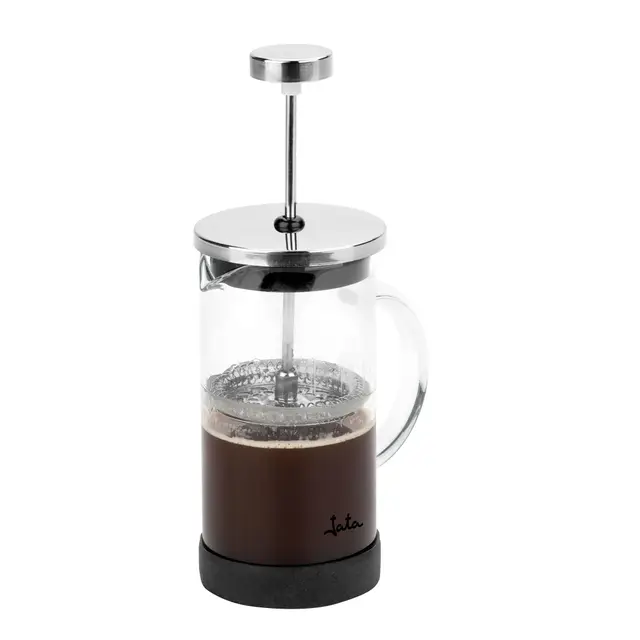 JATA HOGAR HCAF5508 - Cafetera Émbolo 600 ml Prensa Francesa con Filtro de Acero Inoxidable 3 Niveles, Tetera y Espumador de Leche, Vidrio Borosilicato, Libre BPA, para Café, Té e Infusiones