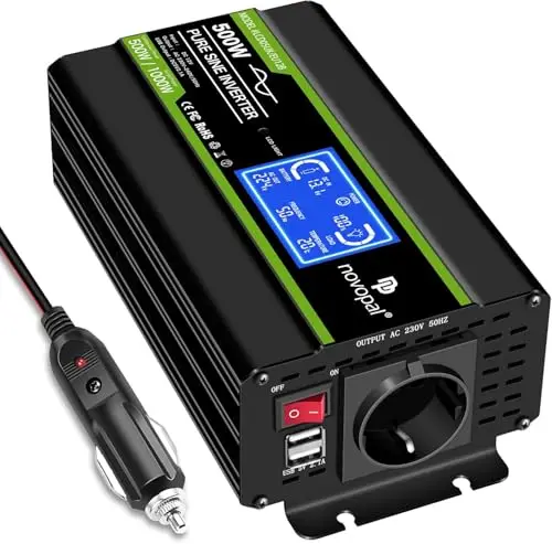 NOVOPAL Inversor 12V 220V/230V Onda Pura 500W (Pic 1000W) Convertidor de Coche con 2 × 2.4A Puertos USB & Pantalla LCD,1 Toma Enchufe Y para iPad, iPhone, Tablet, Consolas y Cámping