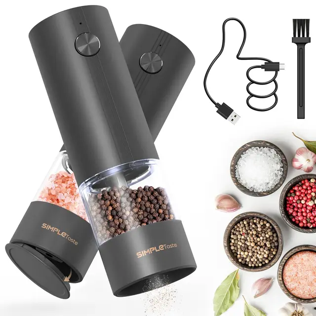 SIMPLETASTE Molinillo Pimienta Eléctrico Recargable con Luz LED, Molinillo de Sal y Pimienta Automático con Grosor Ajustable, Operación con una Mano, Ideal para Cocina, Comedor y Regalo