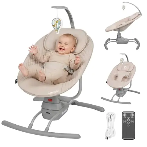 LIONELO Rio - Balancín eléctrico para niños de hasta 9 kg, respaldo ajustable, balancín de 3 velocidades, cinturones de seguridad con cojín, melodías y sonidos de la naturaleza, arco con juguete,