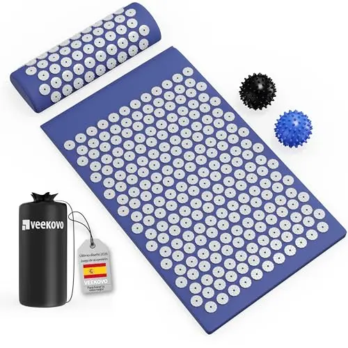 Set de Acupresión - Esterilla,Eco - Con Cojín,Bolas de Masaje y Bolsa - Almohada,Tapete de Masaje con Puntas para Alivio del Dolor,Relajación y masaje en la espalda,la cervical,los piernas (Azul)