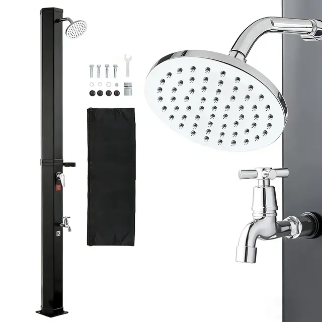 VEVOR Ducha Solar para Exteriores 35 L con Cabezal de Ducha Alto Total de 216 cm, Ducha Solar para Piscina con Grifo y Jabonera, Ajuste de Agua Caliente y Fría, para Jardín, Playa, Patio, Negro