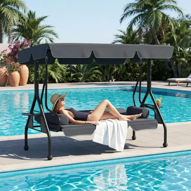 UISEBRT Columpio de jardín de 3 plazas con función reclinable, 2 cojines, 2 bandejas, banco para exteriores, soporta hasta 350 kg, para jardín, piscina, terraza, antracita