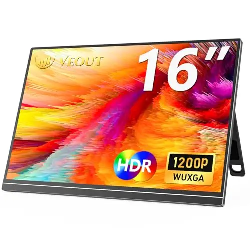Veout Monitor portátil de 16 Pulgadas, 1920 * 1200 FHD, Monitor IPS Gaming para portátil/PC/Mac/PS5/Xbox con USB-C y HDMI, Pantalla ultradelgada con Soporte, 16:10, 300 CD/m² de Brillo