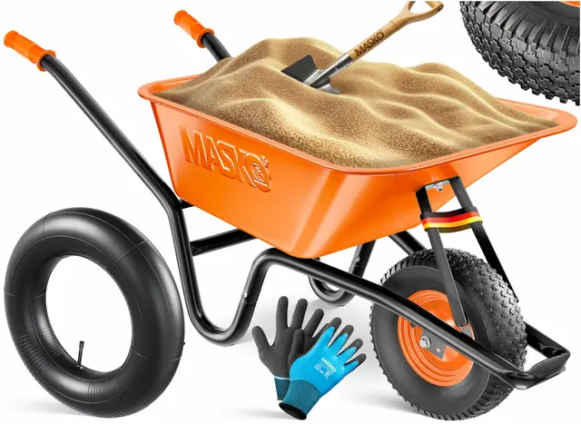MASKO® Carretilla de Jardín y Construcción | 100 litros 250kg Neumáticos de Aire con Borde de Acero + Tubo de Repuesto para Carretilla | Bastidor de Acero Galvanizado Carro de Jardín, Naranja