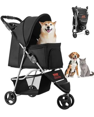 VEVOR Cochecito para Mascotas Capacidad 16kg Carrito Plegable para Perros de 3 Ruedas con Ventana de Malla y Portavasos Cochecito Portátil Tela Oxford 600D con Freno para Mascotas Pequeñas Medianas