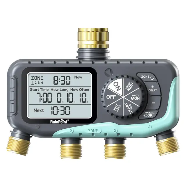RAINPOINT Programador Riego 4 Salidas, Entrada y Salida de Latón, Impermeable IP65, Temporizador de Riego Automático con Retardo de Lluvia/Riego Manual, para Invernadero, Césped y Jardín