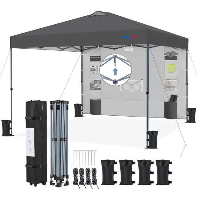 Yaheetech 3x3M Carpa Pop-Up con Botón Central con Pared Lateral de 9 Bolsillos de Almacenamiento, 1 Bolsa con Ruedas y 4 Sacos de Arena para Playa, Patio, Camping y Jardín, Gris Oscuro