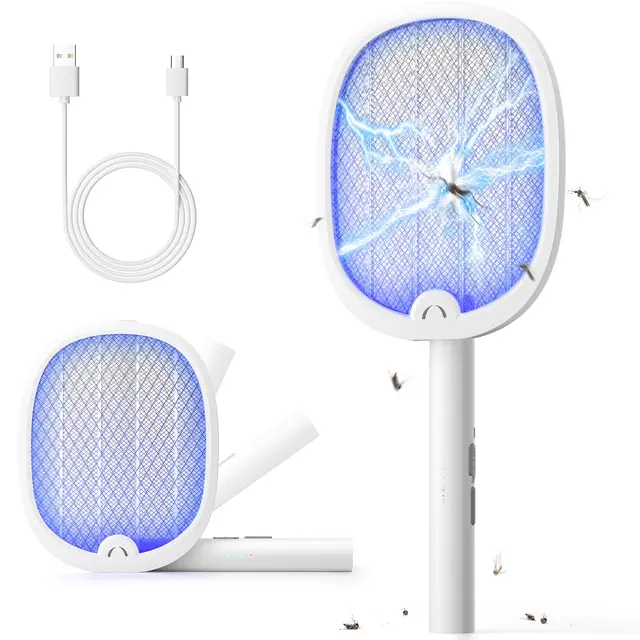 YISSVIC Raqueta Mosquitos Electrica Mata Mosquitos Electrico Plegable 2 en 1 4000V 1800mAh USB-C Recargable Matamoscas Electrico de Luz UV Blanco