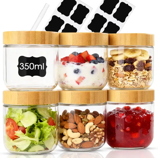 6 Piezas Tarros de Cristal con Tapa, 350ml Vasos Yogurtera con Tapa, Mason Jar Botes de Cristal Hermetico Overnight Oats Jar para Yogur, Mermelada, Especias, Cereales, Pudín