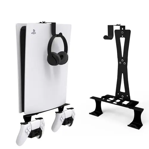Soporte de Pared para PS5/PS5 Slim/PS5 Pro Soporte de Pared para Consola PS5/PS5 Slim con Soporte para Controlador y Soporte para Auriculares - Accesorios PS5 de Metal sólido - Negro