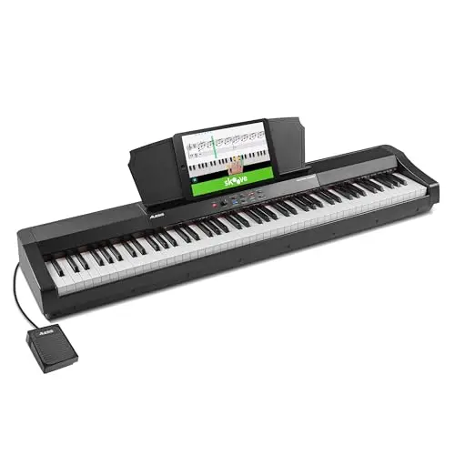 Alesis Recital Grand Piano Eléctrico 88 Teclas Contrapesadas de Acción Martillo con Altavoces, Lecciones de Piano, Metrónomo y 16 Kits de Sonidos