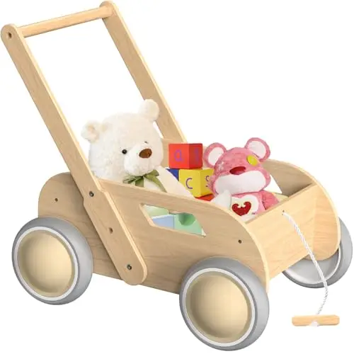 Andador Madera Bebé, Caminador Bebé para Niños y Niñas, Andadores para Bebes con Espacio de Almacenamiento, Regalo para Cumpleaños Navidad, Natural