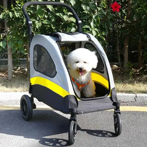 BingoPaw Carro Perro Hasta 20kg Cochecito para Perros y Gato Paseo Plegable con Ruedas Amortiguadoras con Frenos, Puertas Frontal y Trasera, Transpirable Reisistente, L 85 x A 59 x AL 103 cm