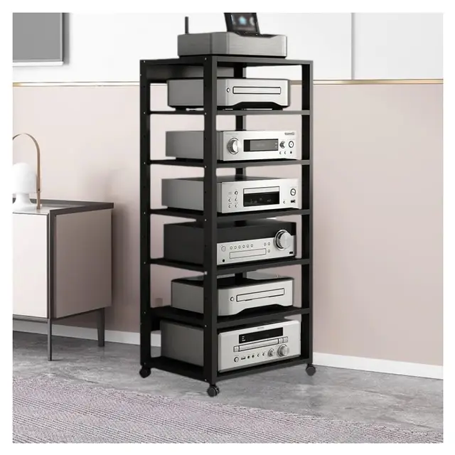 Mueble Equipo HiFi, 7 Estante Soporte Multimedia AV, Mueble HiFi Estanteria HiFi para Equipo de Música, AV Torre de Rack de Audio para Tocadiscos Media Tower Cabinet(Negro)