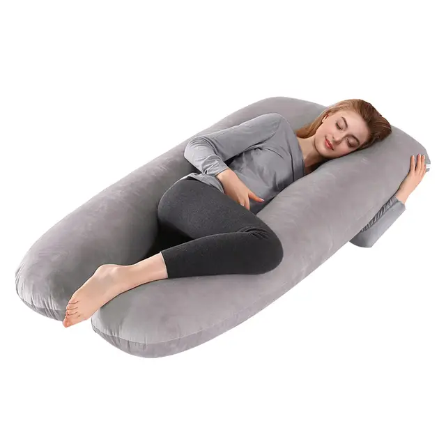 Lannvan Almohada Embarazada, Almohada de Embarazo, Almohada de Cuerpo Completo en Forma de U, Cojín Embarazada para Dormir y Alimentar con Funda de Terciopelo Extraíble y Lavable, 145x70 cm(Gris)
