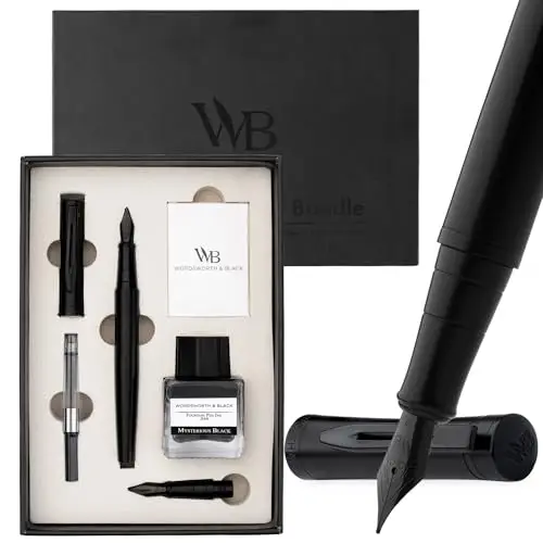 Wordsworth & Black Set de Plumas Estilográficas, plumín medio y extrafino chapado en oro de 18K, tinta negra 25ML, 6 cartuchos, convertidor, caja regalo – Todo Negro, para hombres y mujeres.