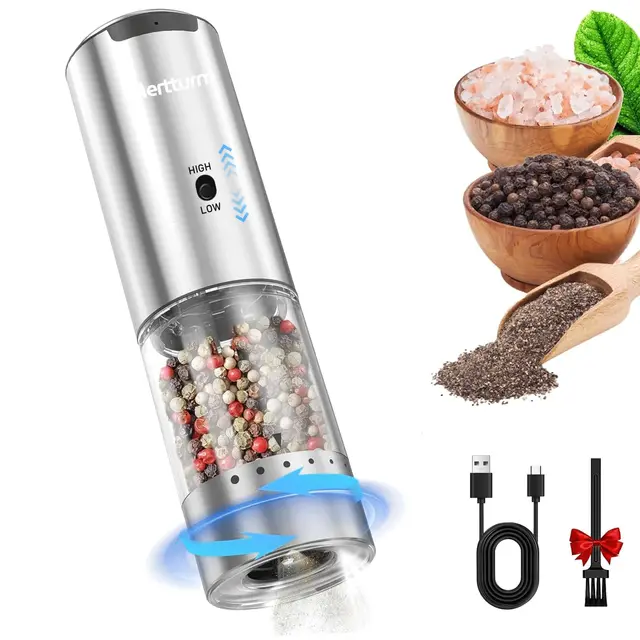 MERTTURM Recargable Molinillo Pimienta Eléctrico, Molinillo Especias 95ml Ajuste Externo, Acero Inoxidable Recipiente Lavable con Luz LED, Para Cocina, BBQ, Camping (1PCS)