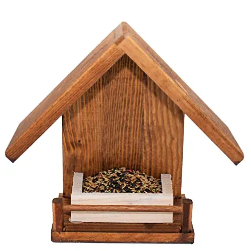 Comedero de Pájaros de Madera Natural para Jardín – Alimentador Exterior Resistente con Tratamiento Anti-Humedad – Casita Decorativa con Semillas Incluidas para Aves Silvestres