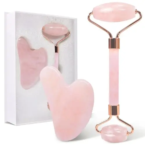 GUGUG Gua Sha Cuarzo Rosa, Rodillo Facial Antiarrugas para Tonificar y Reafirmar la Piel - Herramienta de Masaje Antiarrugas para el Rostro
