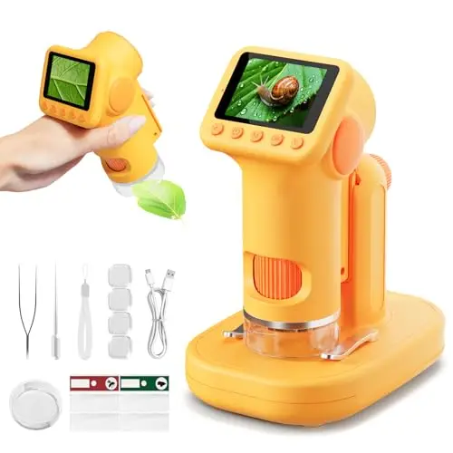 1600X Microscopio para Niños, 2.0" Pantalla Mini microscopios Digitales con Kit de Portaobjetos y 6 Luces LED, Juguetes Ciencias Educativas, Niños Alumnos de 3 a 12 Años (Amarillo)